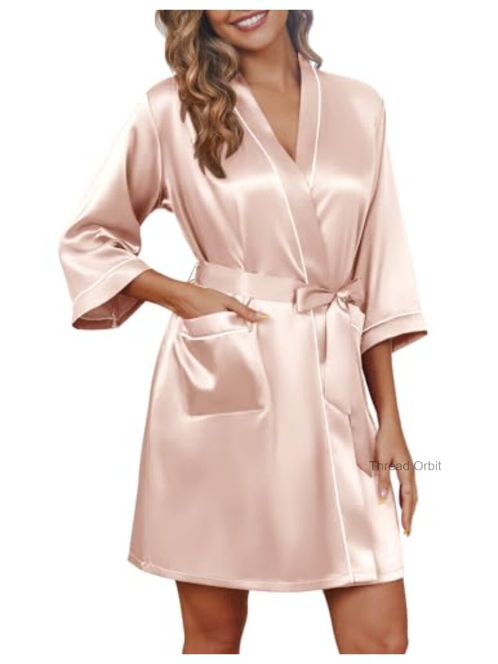 Ekouaer Silky Satin Knee Length Robe with Pockets Lightweight Sleepwear